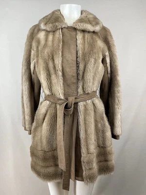 Lilli Ann Faux Fur London Leather Belted Coat Size PS Vtg 50s Tan Brown Paris SF - Image 1 of 4
