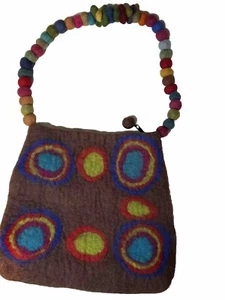Brown Felted Wool Artsy Purse Hand Bag Nepal Funky Hippie - Picture 1 of 9