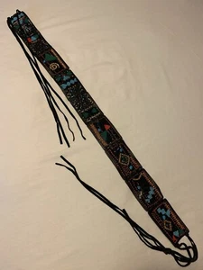 Chicos S/M 32" Genuine Black Leather Womans Belt Beaded India Rawhide Ties - Picture 1 of 10