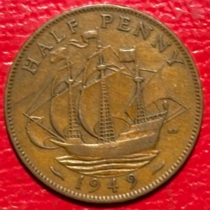 VINTAGE HIGH GRADE XF 1949 GREAT BRITAIN ENGLISH HALF 1/2 PENNY-APR505 - Picture 1 of 2