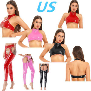 US Womens Patent Leather Lingerie Sets Sleeveless Crop Top with Crotchless Pants