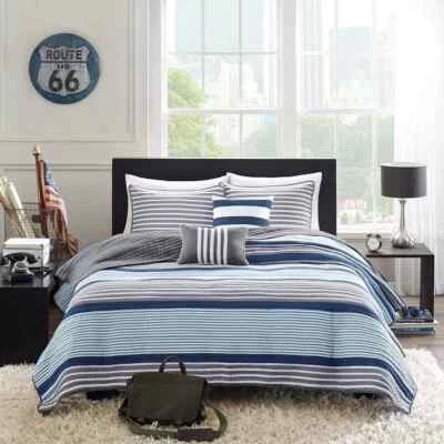Intelligent Design Quilt Full/Queen Striped Reversible Coverlet Set Blue New - Image 1 of 4