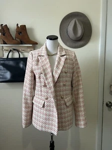 Rachel Zoe Women's Sz M Double Breasted Tweed Plaid Blazer Jacket Buttons NEW - Picture 1 of 6