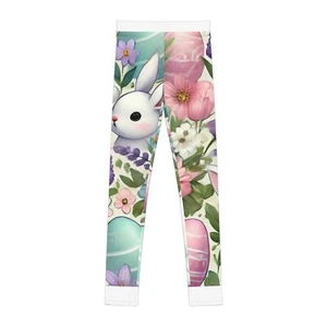 Easter Bunny Floral Youth Leggings, Cute Kids Activewear, Spring Leggings - Picture 1 of 5