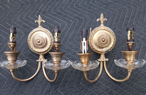 Antique Cast Bronze French 2 arm Wall Sconces with Pull chains Caldwell era Cover