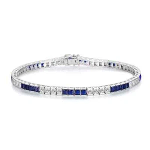 12 Ct Princess Cut Blue Sapphire Round CZ Tennis Bracelet 14K White Gold Plated - Picture 1 of 6