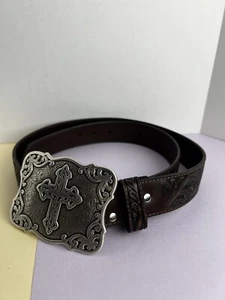 Nocona Belt Co. Women's Stamped Brown Leather Cross Buckle Western Boho Large - Picture 1 of 11