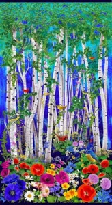 23" Stoff Panel | Timeless Treasures Bunt Hell Wald Blumen Vogel Szene - Bild 1 von 1