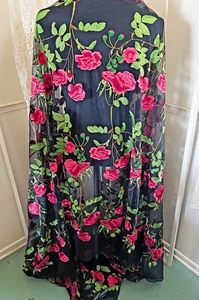 BTY Vintage Embroidered Black Mesh Red Roses 56" Floral Fabric Fancy Dress - Picture 1 of 8