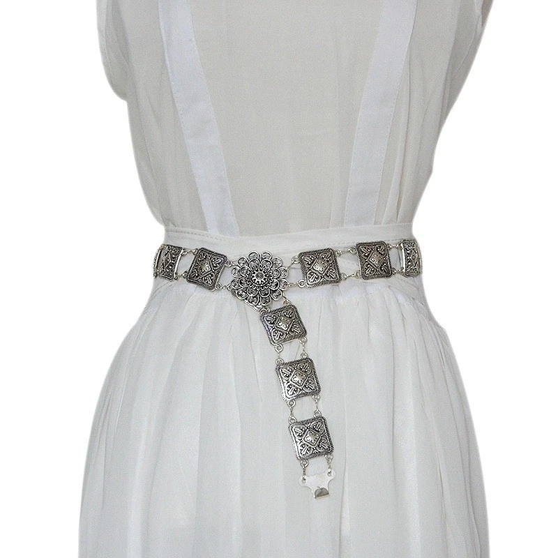 Boho Vintage Silver Filigree Chain Belt Flower Buckle Retro Silver Waist Chain - image 1 of 4