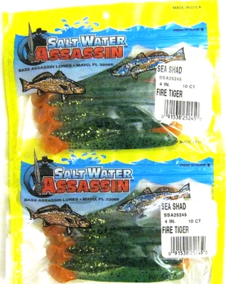 2 pacotes de iscas de pesca de água salgada Assassin Sea Shad 4" Fire Tiger ou Houdini - Imagem 1 de 3