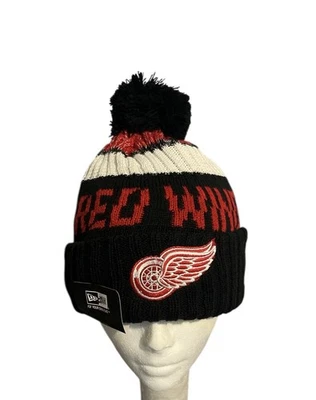 Detroit Red Wings New Era Beanie Knit Pom Winter NHL Hat Black Red & White - Image 1 of 4