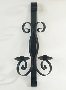 c.1970s Large Black Wrought Iron Wall Sconce Double Candle Holder 20.5" OBO - Picture 1 of 6