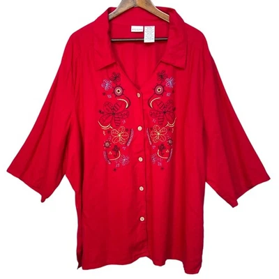 Белая женская рубашка-олень 26 Вт/28 Вт из красной льняной смеси художественная вышивка богемное украшение на пуговицах - Изображение 1 из 4