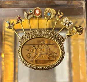 Vintage Goldette  Intaglio Stick Pin 3.5" Gold Tone Brooch Portrait-8 Sticks - Picture 1 of 7