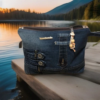 kosmetiktasche damen Maritim Neu Selbstgenäht Jeanspatchwork - Bild 1 von 4