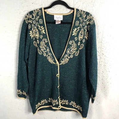 Vintage Jaclyn Smith Christmas Cardigan Womens L  Gold Green Sparkle Metallic - Image 1 of 4
