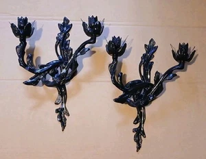 Vintage Brass Wall Sconces Floral Double Arm Ornate Rococo Style Pair Painted BK - Picture 1 of 11