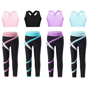 Kids Girl's Sweatsuit Yoga Crop Top With Pants Tumbling Tracksuit Active Dance - Picture 1 of 31