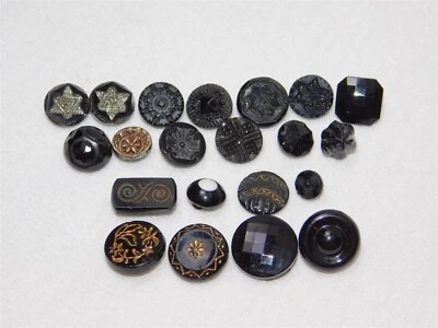 21 Antique Black Glass Buttons Carved Hand Painted Gold Accents - Image 1 of 4