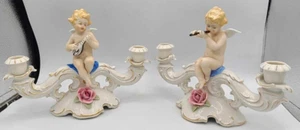 Vtg Mid Century Martha Budich Dresden Gilded Cherub Double Candlesticks 9.5 x 7" - Picture 1 of 16