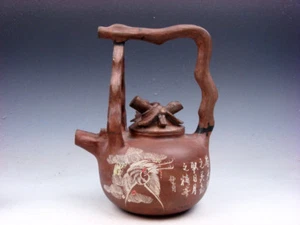 Tetera grúas bambúes pintados con tapa de hojas vintage hecha a mano con mango alto - Imagen 1 de 11