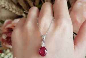 2ct Oval Cut Pink Ruby Pendant Chain Lab-Created Moissanite 14k WhiteGold Plated - Picture 1 of 4