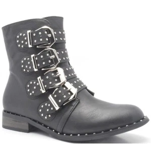 Hunter Mujer Planas Tacones Bajos Tacones Bajos Tachona Botas al Tobillo Damas Cinta Zapatos Talla - Imagen 1 de 5