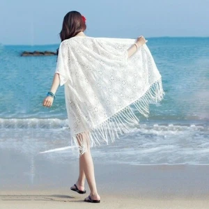 Women Cardigan Top Thin Lace Sheer Hollow Tassel Beach Summer Sun Protect - Picture 1 of 10