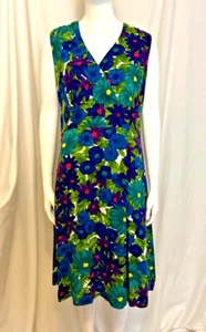 Vintage HARRIET'S Hawaiian Floral Dress Faux Wrap + Cross Over Bodice S/M Blue - Picture 1 of 7