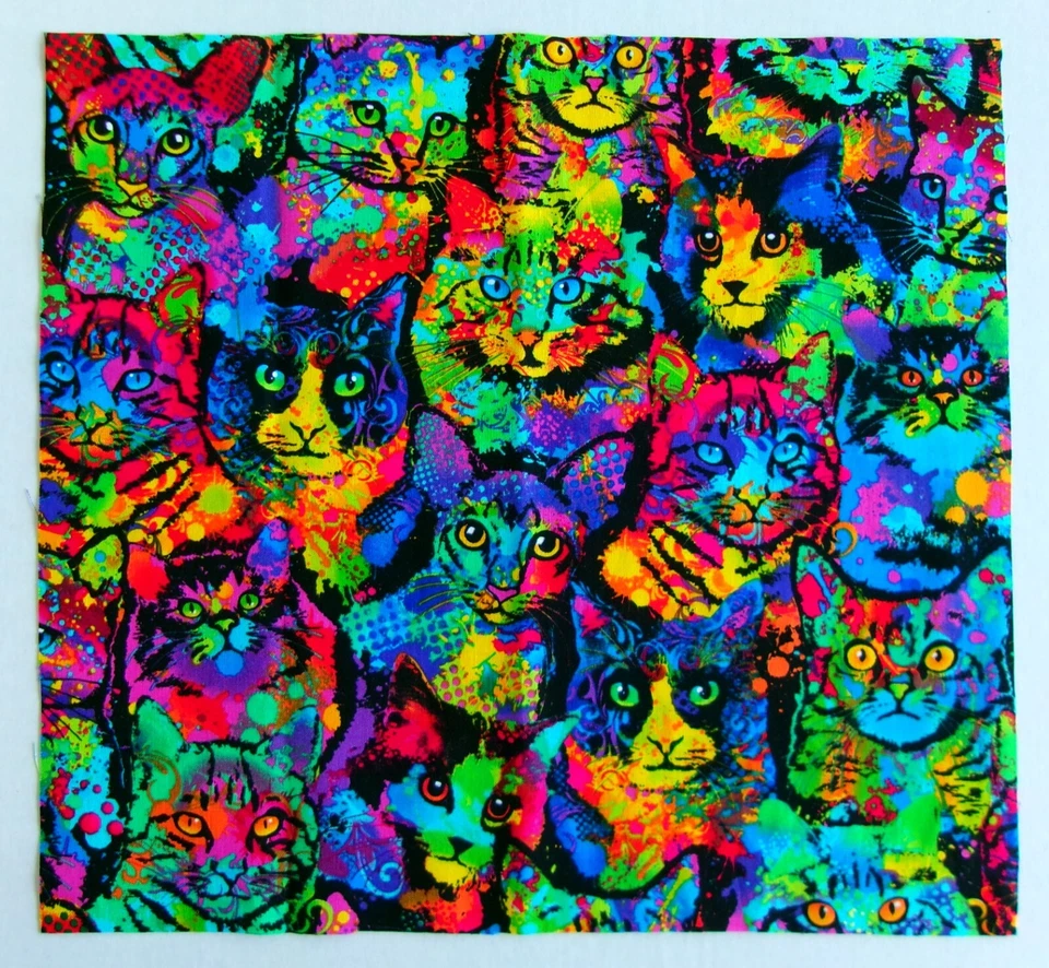 Cotton Fabric Bright Multi Color Cats -  1 Piece 11 1/2" L x 12 3/8" W - Image 1 of 1