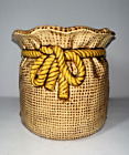 Mid Century Ceramic Cachepot Burlap Sack Tan Brown With Yellow Rope Flower Pot