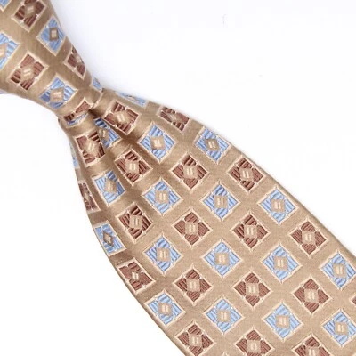 Corbata tejida XMI clásica de seda marrón claro azul cielo mosaico azulejo a cuadros  Foto 1 de 4