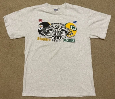 Camiseta De Colección Gildan 2011 SUPER BOWL XLV STEELERS vs Green Bay Packers Para Hombres M Gris Foto 1 de 4