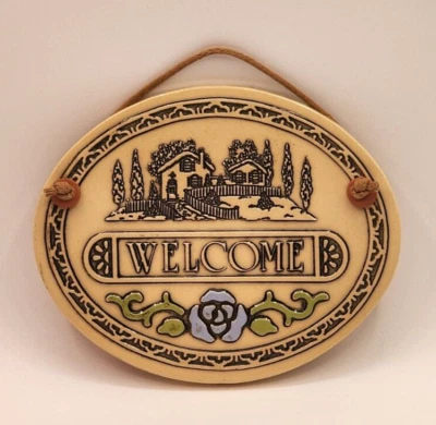 复古 Trinity 陶器墙板欢迎标志蓝色玫瑰陶器手工制作 '87 — 第 1/4 张图片