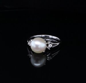 Nieuwe aanbiedingVintage Cultured Pearl & Diamond 14k White Gold Ring size L Val $2160