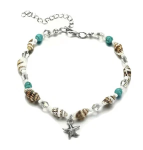 NEW WOMEN'S POLISHED SILVER-TONE SEA SHELL STARFISH ANKLET & BRACELET COMBO SET - Picture 1 of 5
