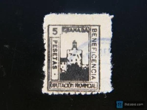 Sello local Guerra civil Granada 5 pesetas, tipo 313 (usado). Raro - Picture 1 of 1