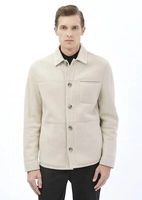 All Sizes Men's Premium Genuine Shearling Beige White Luxury Fur Coat Jacket - Image 1 of 4
