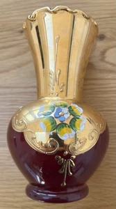 Vintage Murano Venetian Ruby Red Glass Vase Gold Trim 6in. Hand Painted Floral - Picture 1 of 5