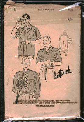 Camisa De Colección Butterick 1481 Patrón De Costura Años 30 Para Hombre Abotonada Delantera Cuello 15" Foto 1 de 2