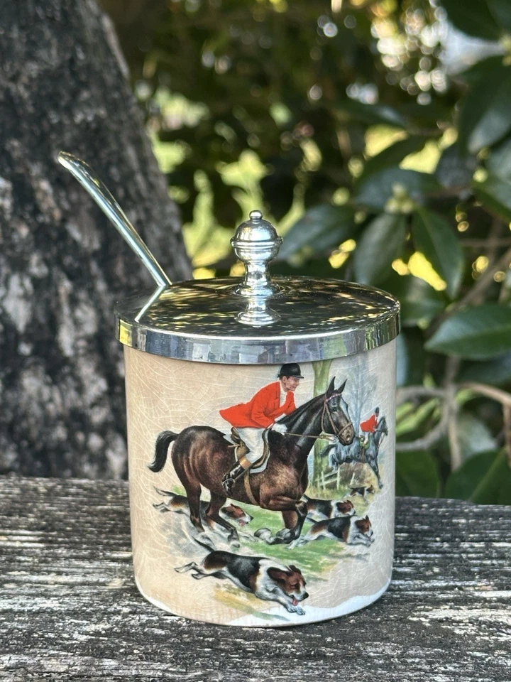 Antigua tapa y cuchara de azucarero Royal Norfolk escena de caza finales de 1800 Inglaterra Foto 1 de 4