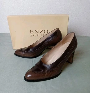VTG Enzo Angiolini Sz 6.5 Brown Leather Pumps Heels Chunky Block Heels Brazil - Picture 1 of 17