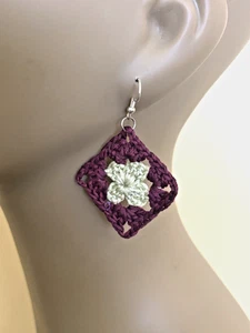 Crochet Earrings, Burgundy Green Granny Square, 9.25 Hook Handmade Boho 2.5" L - Picture 1 of 5
