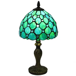 Tiffany Style Small Table Lamp,Green Beads Stained Glass 3 Color Temperature ... - Foto 1 di 9