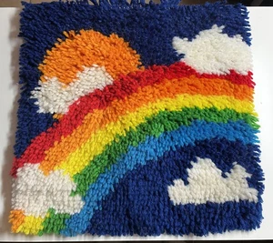 Vintage Rainbow Latch Hook Wall Hanging Rug Cloud Sun Shag Colorful Decor - Picture 1 of 3