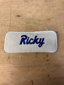 Vtg 70s RICKY Sew On Embroidered Clothing Jacket Uniform Name Patch BLUE & WHITE - Picture 1 of 3