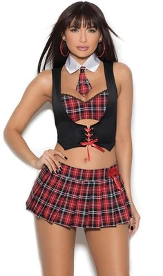 School Girl Costume Vest Bra Top Red Plaid Skirt Collar Neck Tie 99076 Medium - Image 1 of 4