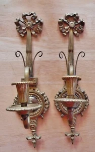 PAIR ANTIQUE FRENCH ORNATE BRONZE 1 ARM RIBBON FLEUR DE LIS - WALL SCONCES - Picture 1 of 7