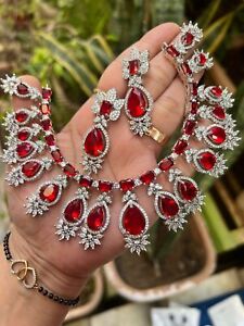 Indian Wedding AD Jewelry Bridal American Diamond Red Choker CZ Necklace Set